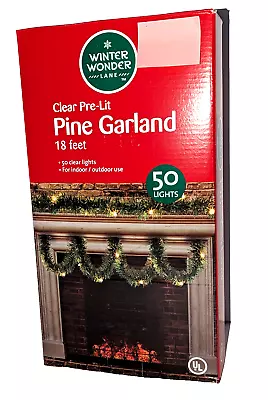 Pre-Lit Pine Christmas Garland With 50 Clear Lights Indoor Outdoor 18 Ft Mantle • $19.95