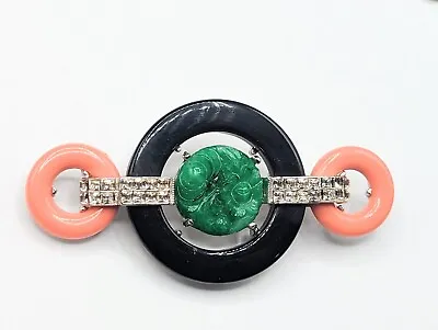 Vtg KJL Kenneth J Lane Art Deco Design Faux Carved Jade Rhinestone Pin Brooch • $99