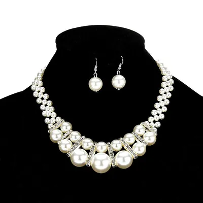 £5.49 • Buy Large White Pearls Crystal Diamante Necklace And Earrings Set Costume Jewellery