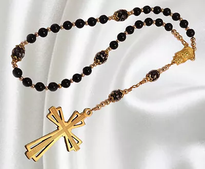 Episcopal Rosary Handmade Black Shell Pearls Gold Tone Laser Cut Cross • $57.50