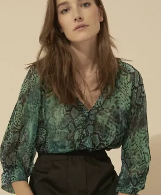 £75 • Buy BA&SH Green Snakeskin Print Chiffon RICK Green Ruffle Blouse Size 1 UK S