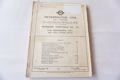 1961 Metropolitan Line Underground Tube Working Railway Timetable No 191 • £29.99