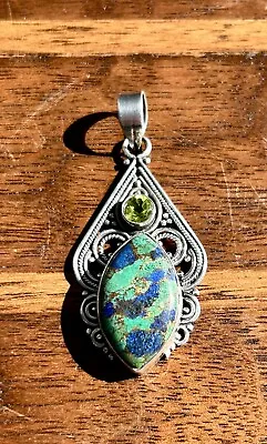 Sterling Silver Azurite Pendant Peridot Handmade Artisan Jewelry Vintage 925 • $39.96