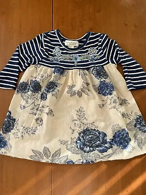 Mimi & Maggie Blue/Ivory Embroidered Floral Viscose Long Sl Dress-12 Months • $18