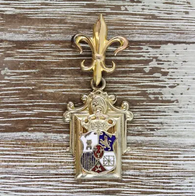 Vintage Gold Filled Fleur De Lis Crest Enamel Brooch Pin Signed Retro Jewelry • $60