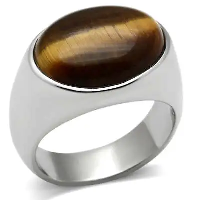 Mens Tiger Eye Ring Silver Signet Pinky Topaz Brown Stainless Steel Smart Size V • £12