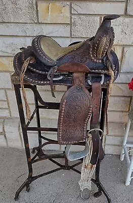 Antique Vintage Tooled Floral Leather Sheep Skin Western Saddle W/ Bridle Tack • $259.99