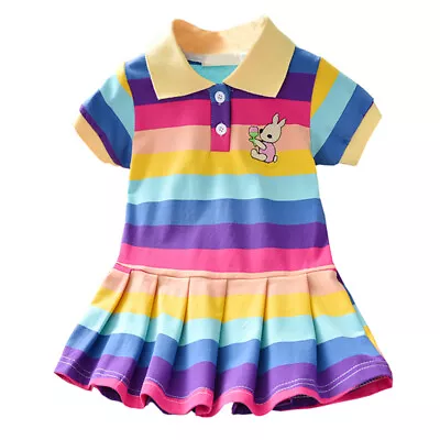 Kids Girls Dress Short Sleeve Rainbow Princess Dress Casual Collar Striped Dress • £9.55