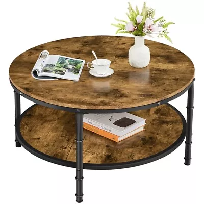 Rustic Round Coffee Table With 2-Layer Vintage Design & Sturdy Metal Frame • $49.99