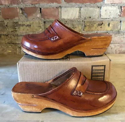 VTG 70s Highlights Wood & Leather Penny Loafer Clogs - Made In Brazil - Size 10B • $50