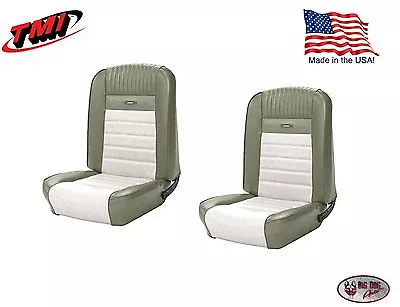 Deluxe PONY Seat Upholstery  Ford Mustang Front Bucket Seats - Ivy Gold & White • $605.37