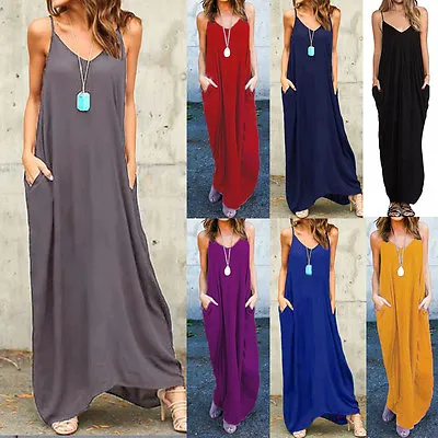 $17.72 • Buy ZANZEA Women's Summer Long Dress Sleeveless Maxi Party Beach Dress Solid Sundres