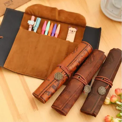 Canvas Treasure Map Wrap Roll Up Pencil Bag Leather Case Holder Holes Pouch Gift • £4.61