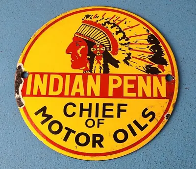 Vintage Porcelain Indian Penn Gasoline Sign - Chief Motor Oils Gas Pump Sign • $142.37