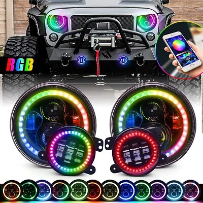 $142.49 • Buy For Jeep Wrangler JK JKU 07-17 Combo RGB 7  LED Headlights 4'' Fog Lights Kits