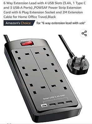 £17.50 • Buy 6 Way Extension Lead With 4 USB Slots (3.4A, 1 Type C And 3 USB-A Ports) ,POWSAF