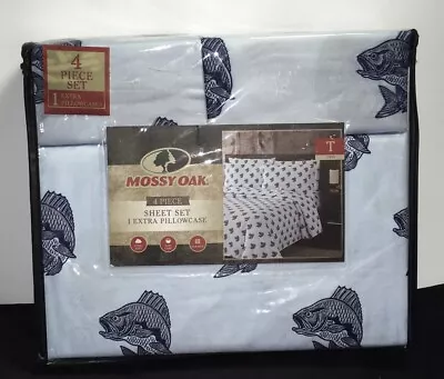 MOSSY OAK 4 Pc FISH DESIGN TWIN SHEET SET  1 EX PILLOWCASES BLUE NEW • $36.96