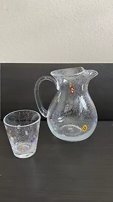 GLASS PITCHER & Glass - Murano Style Millefiori Clear Eith Multicolored Flowers • $75