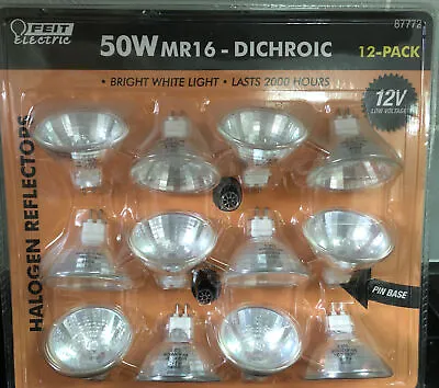 12 Pack Of 50w MR16 Dichroic Feit Electric Halogen Bulbs Pin Base 12V GU5. 3 • £9.99
