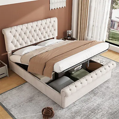 Ottoman Gas Lift Storage Bed 4ft6 Double Velvet Upholstered Bed Frame Beige  • £239.99