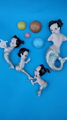 Rare Vintage 1950s Ceramic Family 4 Mermaids And 4 Bubble's Wall Decor Plaques • $49