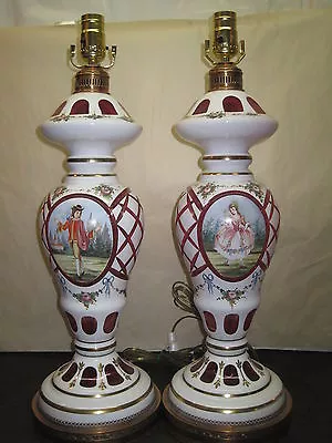 Pair Of Antique Lamps Moser Bohemian White Cut To Cranberry Hand Painted  • $899.99