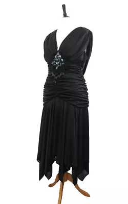 Vintage 1980s PARTY Dress Black Draping Sequin Beaded Black Cocktail Dress M • £20