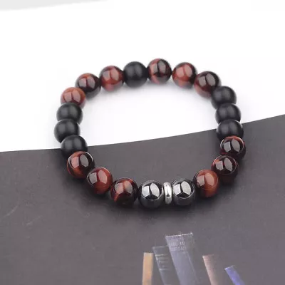 STAINLESS STEEL 10mm Tigers Eye+Hematite+Onyx Gemstone Beaded Men's Bracelet 8'' • $7.49