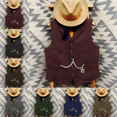 Mens Western Cowboy Vest Tweed Wool Herringbone Vintage Vests M Large XL XXL 3XL • $25.49