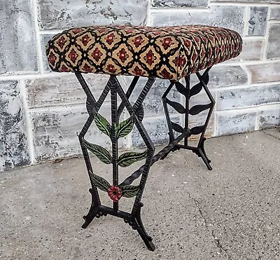 Antique Cast Iron Eastlake Victorian Black Polychrome Floral Piano Vanity Bench • $169.99