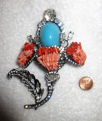 Vrba Turquoise Cabochon Coral Flower Brooch Pin Signed Vintage XL Couture Mint! • $450