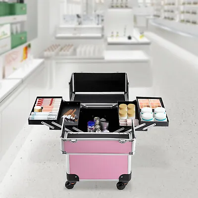 Cosmetic Trolley Makeup Storage Organizer Rolling Cart Trunk W/ Wheels Pink New  • $63