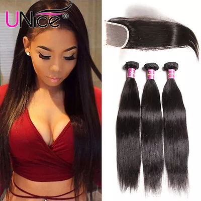 UNice Malaysian Straight Virgin Hair 3 Bundles With 100% Human Hair Lace Closure • $126.35