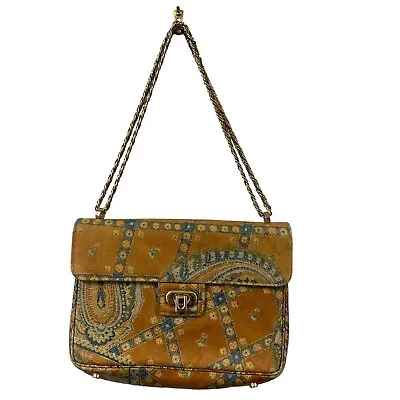 Vtg 70s Morris Moskowitz Yellow Blue Paisley Hippie Gold Chain Bag Purse • $39.99