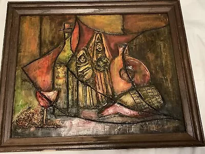 ANTIQUE MID CENTURY MODERN CUBIST OIL PAINTING OLD VINTAGE ABSTRACT 1950 Signed • $250