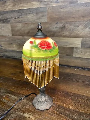 Vintage Hand Painted Rose Beaded Fringe Glass Shade Lamp 15  X 6  NICE LOOKING • $85