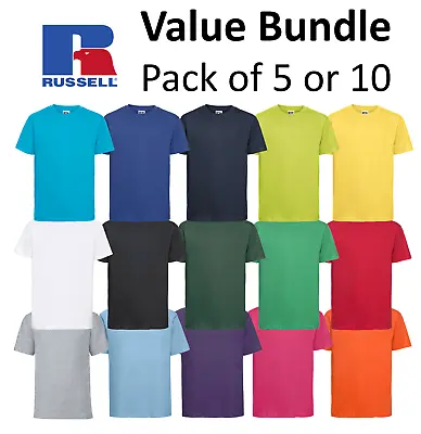 £17.49 • Buy Mens Plain T-Shirt Russell Classic Cotton Ringspun Short Sleeve-Pack Of 5 Or 10