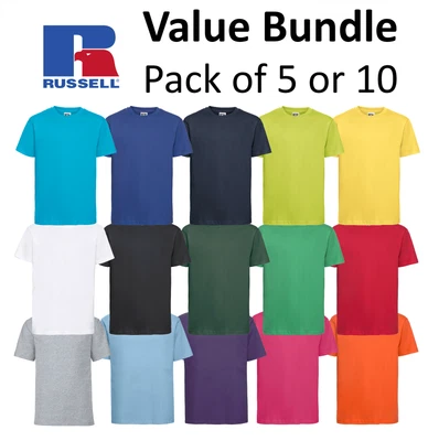 Mens Plain T-Shirt Russell Classic Cotton Ringspun Short Sleeve-Pack Of 5 Or 10 • £10.99