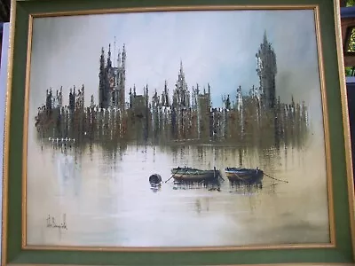 John Bampfield. Oil On Canvas Painting - Houses Of Parliament From The Thames • £285