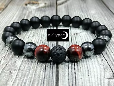 10mm Onyx+Lava+Hematite+Red Tigers Eye Gemstone Men's Beaded Bracelet By Eklypse • $14.99