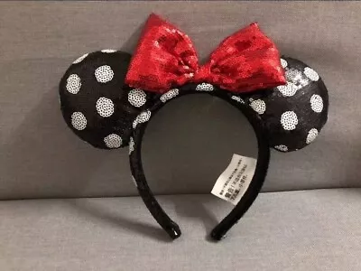 Disney Parks Minnie Mouse Red Black White Dot Sequin Headband Ears Costume Bow • $0.99