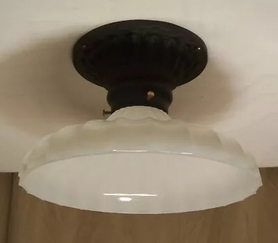 Antique Ceiling Light Cast Iron Vtg Flush Fixture Art Shade Restored USA #B34 • $149.99
