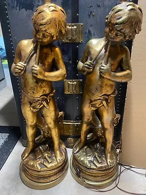 Auguste Moreau  Lamps Boy With Flute Pan   Spelter Lamp Bronze Finish 38  Tall • $349.95