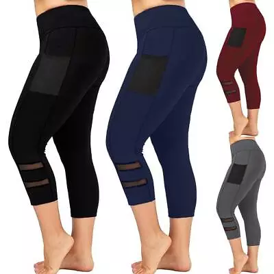 Plus Size Womens Cropped Leggings 3/4 Length Sports Yoga Stretchy Capri Pants • £2.69