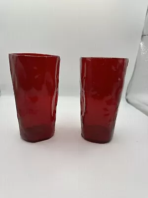 Pair Morgantown Crinkle Ruby Red Tumbler Glass Vintage Driftwood 12oz 5 1/2  • $18