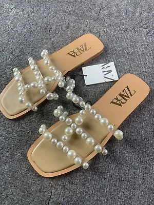 ZARA Womens Pearl Strappy Flat Slip On Sandals Size 8 Tan • $40.06