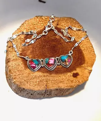 925 Sterling Silver Spiny Oyster Turquoise 3 Hearts Necklace Handcrafted 16-18 L • $76.16