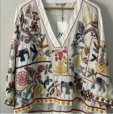 ZARA Embroidered Elephant Cotton Oversized Kaftan Tunic Top Shirt Size M • $49