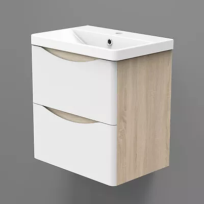 490 / 590 / 810 Mm / Bathroom Unit Oak+White Two Drawers Wall Hung With Basin • £159.99