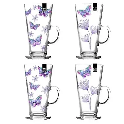 Set Of 4 Latte Glasses Butterfly Clear Glass Coffee Mug Tea Chocolate Kitchen • £13.99